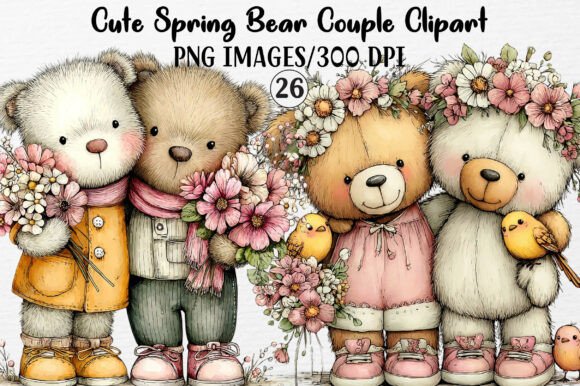 Cute Spring Bear Couple Clipart for Graphics and Illustrations