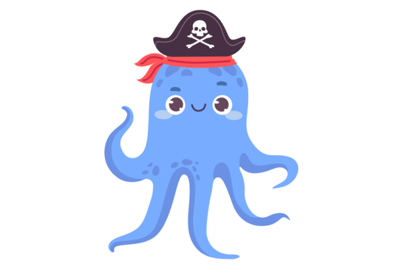 Funny Octopus Captain in Black Hat. Pirate Graphics